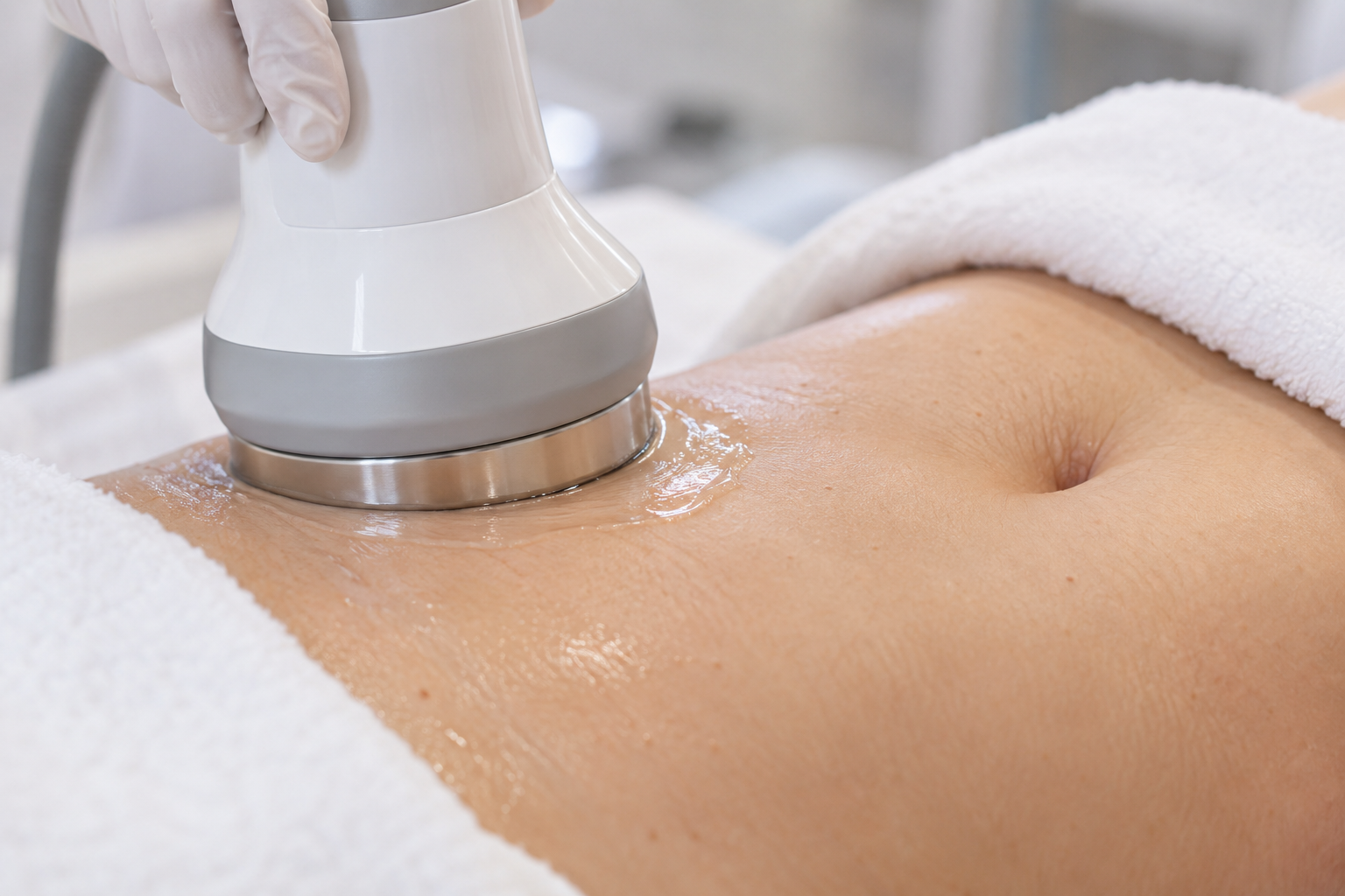 Ultrasound fat-reduction handpiece on the abdomen
